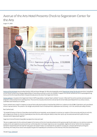 South Coast Metro Avenue of the Arts Hotel Presents Check to SCFTA August 11, 2020