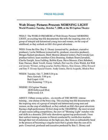 Morning Light Premiere Press Release